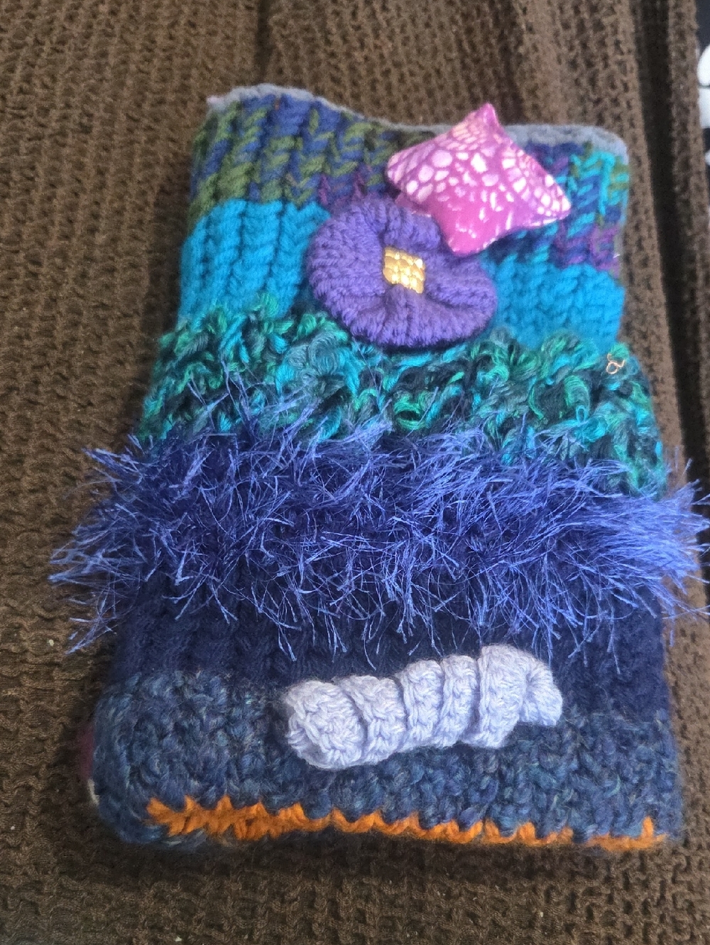 Handmade Multicolor Knit Wrist Warmer with Floral Accent.  Dementia and AUTISM.